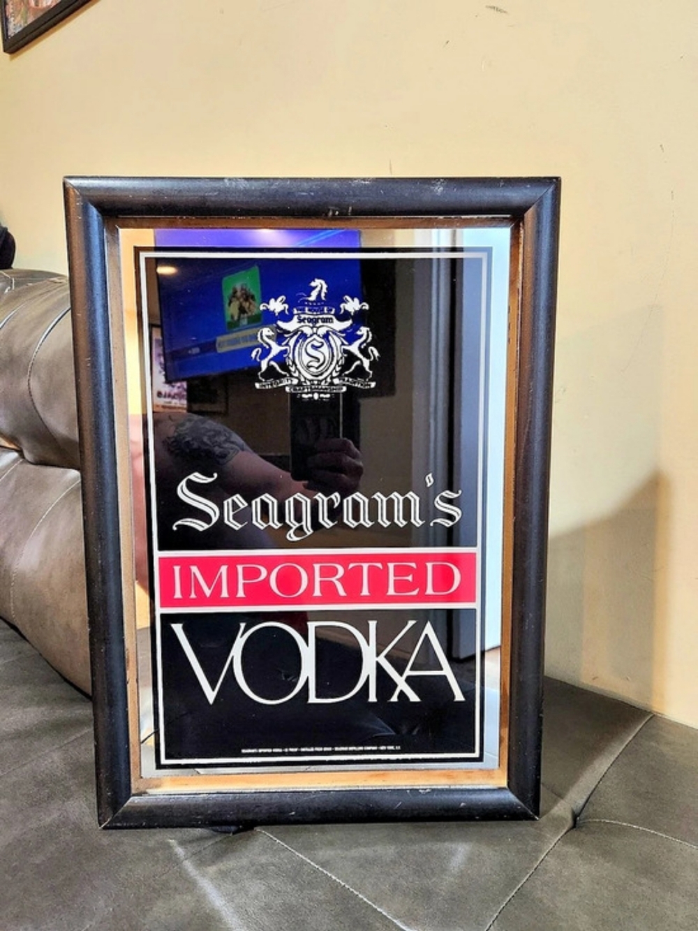 Vintage Seagram's Imported Vodka Framed Mirror Bar Sign Black Red No Lights